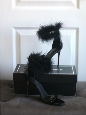 LAST CALL ❗️Marc Fisher Black Feather Ankle-Strap Stiletto Sandals (NWOT)